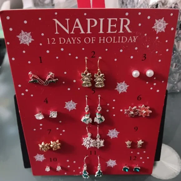 NAPIER 12 DAYS OF HOLIDAY Christmas Crystal & Enamel 12 Pairs of Earrings Set - Picture 3 of 5